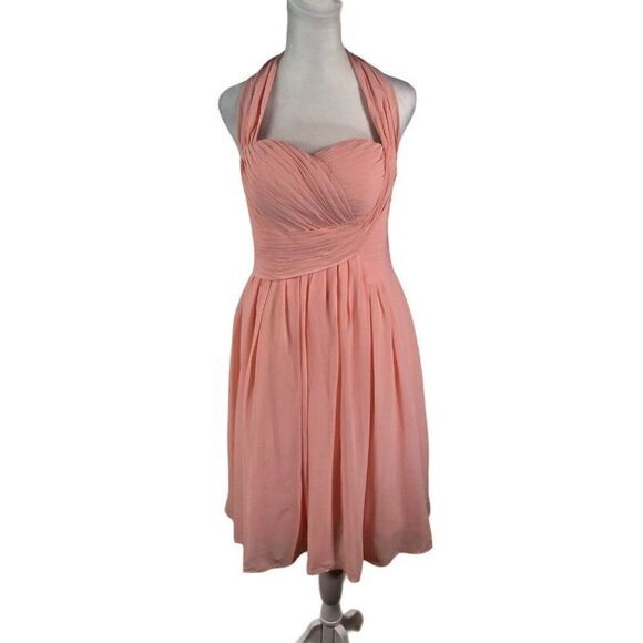 Peach Chiffon Cocktail Dress 6 Bridesmaid Homecoming Pleated Bodice Halter - Picture 1 of 11